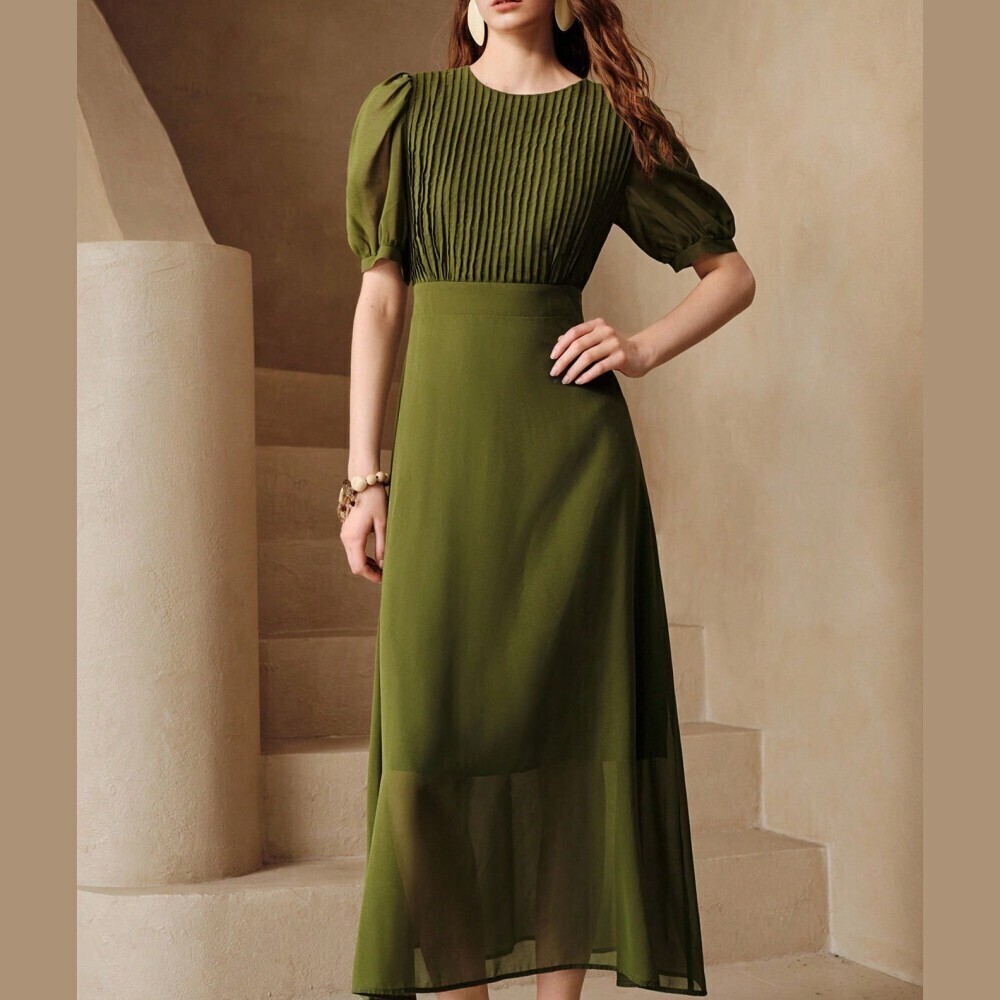 Dark Kelly Green Pintuck Puff Sleeve Maxi Dress - Picture 4 of 7